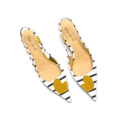 Women's Patent Leather Pointed Toe Kitten Heel Zebra Slingback Pumps