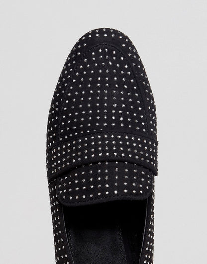 Black Studs Loafers for Women Vegan Suede Round Toe Flats