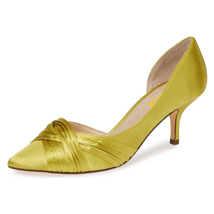 Yellow Satin Pointed Toe Slip-On Pleated Strap Kitten Heel Pumps