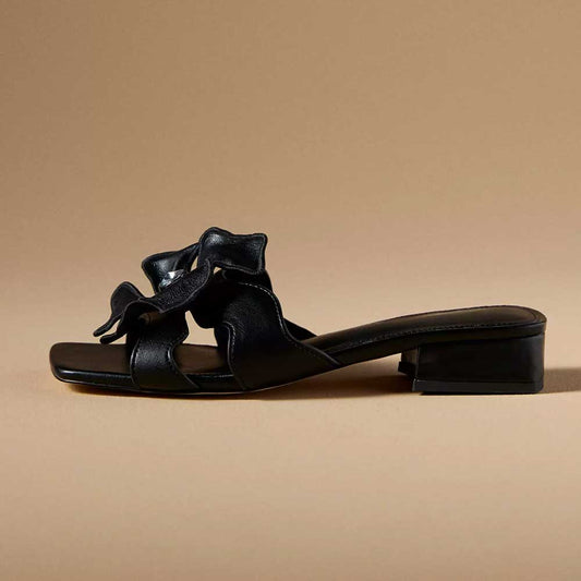 Black Vegan Leather Square Toe Chunky Heel Floral Inlay Slippers