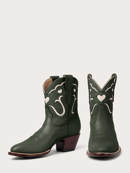 Green Vegan Leather Ivory Patch-Work Block Heeled Cowgirl Ankle Boots