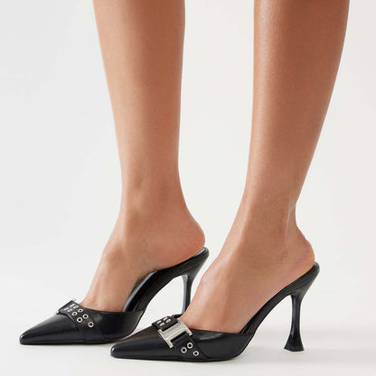Women's Black Pointed Toe Slip On Studded Flared High Heel Mules