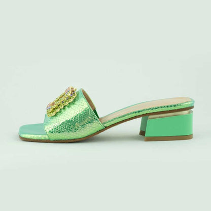 Women's Green Square Toe Block Heel Mules Shoes with Rhinestone