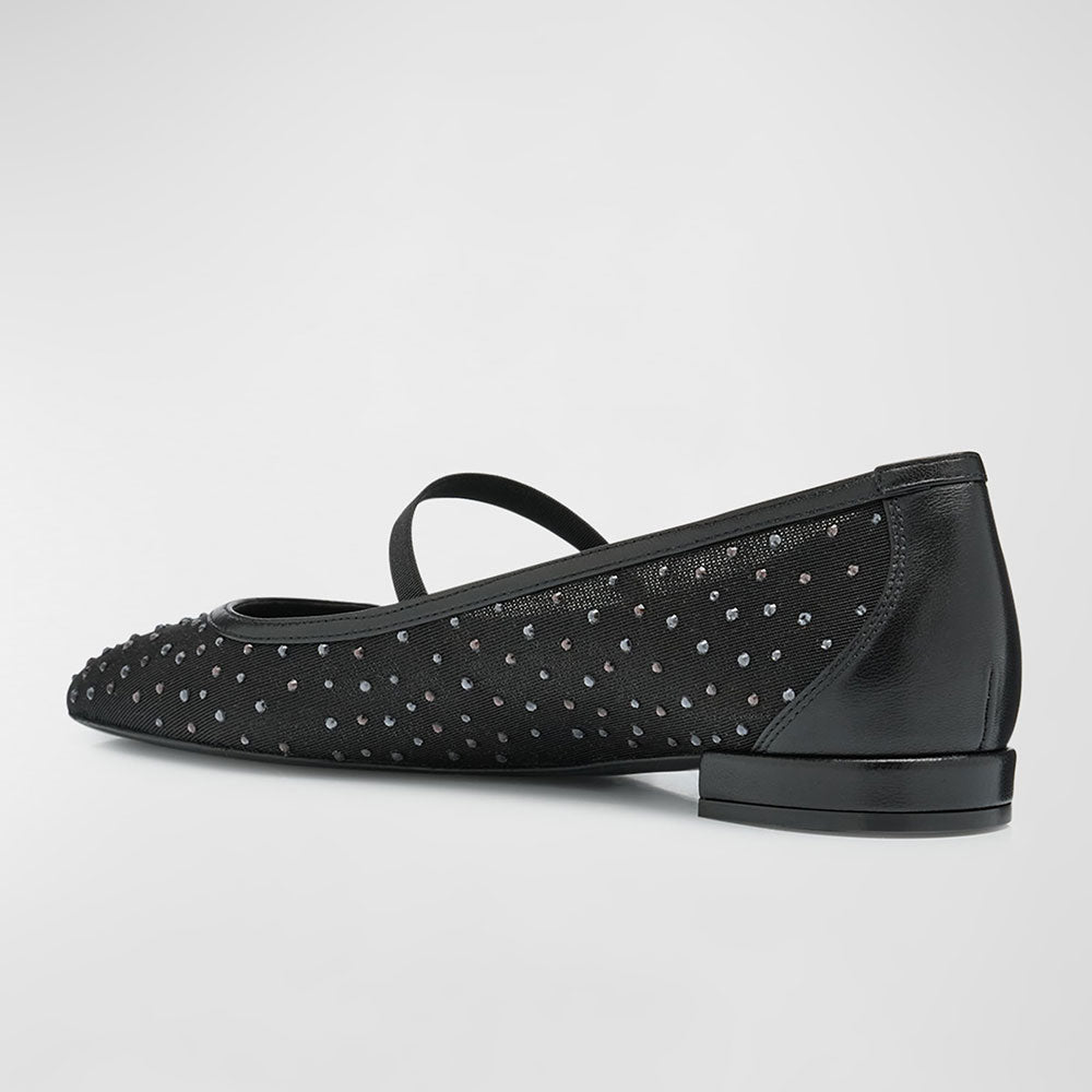 Elegant Crystal Embellished Mesh Round Toe Ballet Flats in Black