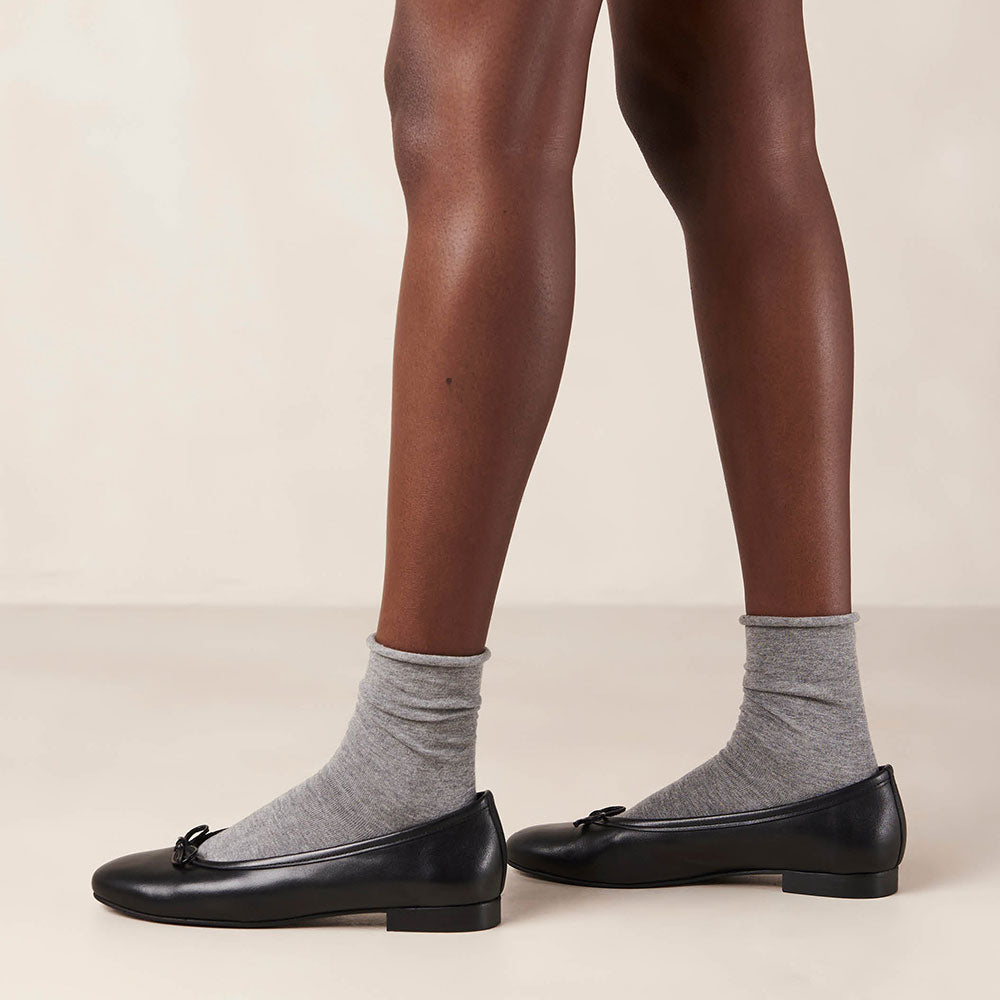 Black Vegan Leather Round Toe Slip-On Ballet Flats with Bow