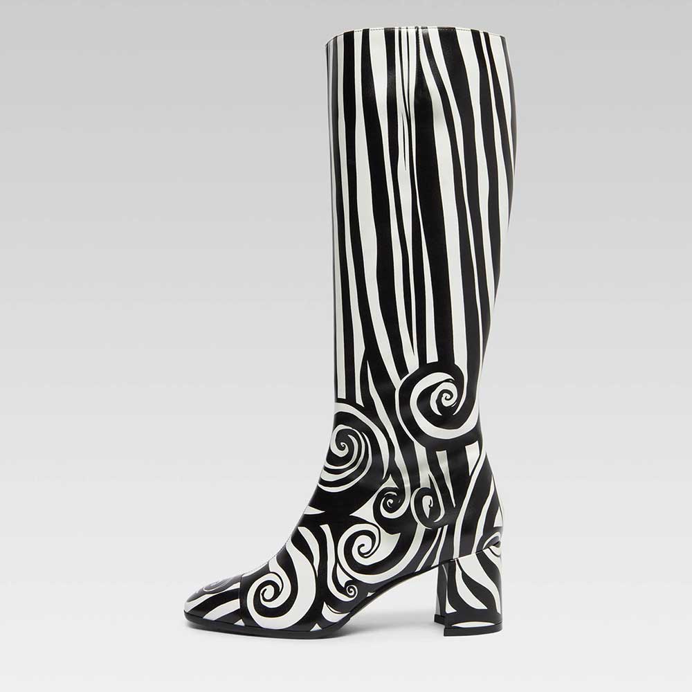 Black & White Square Toe Block Heel Knee High Boots with Side Zipper