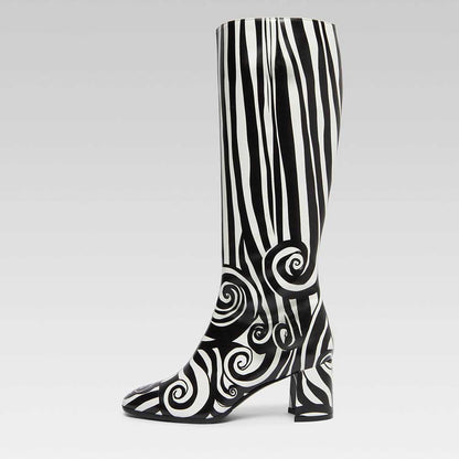 Black & White Square Toe Block Heel Knee High Boots with Side Zipper