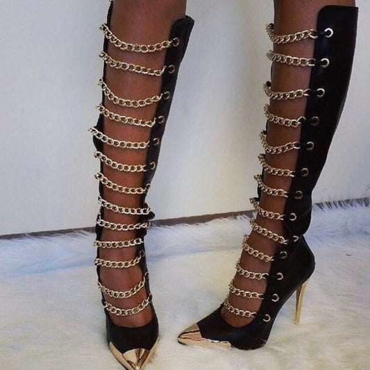 Black Metal Pointed Toe Cut Out Heeled Knee High Boots with Chain
