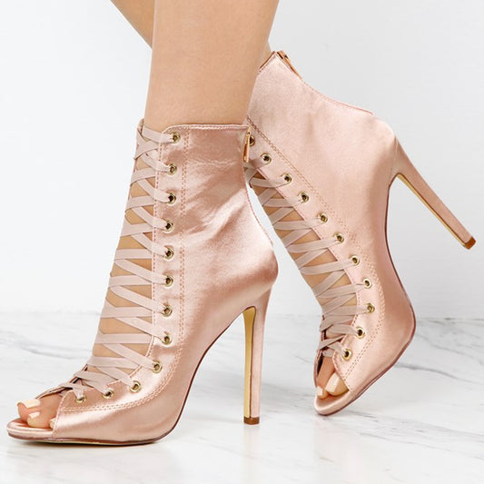 Women's Fashion Light Pink Lace Up Satin Peep Toe Ankle Boots