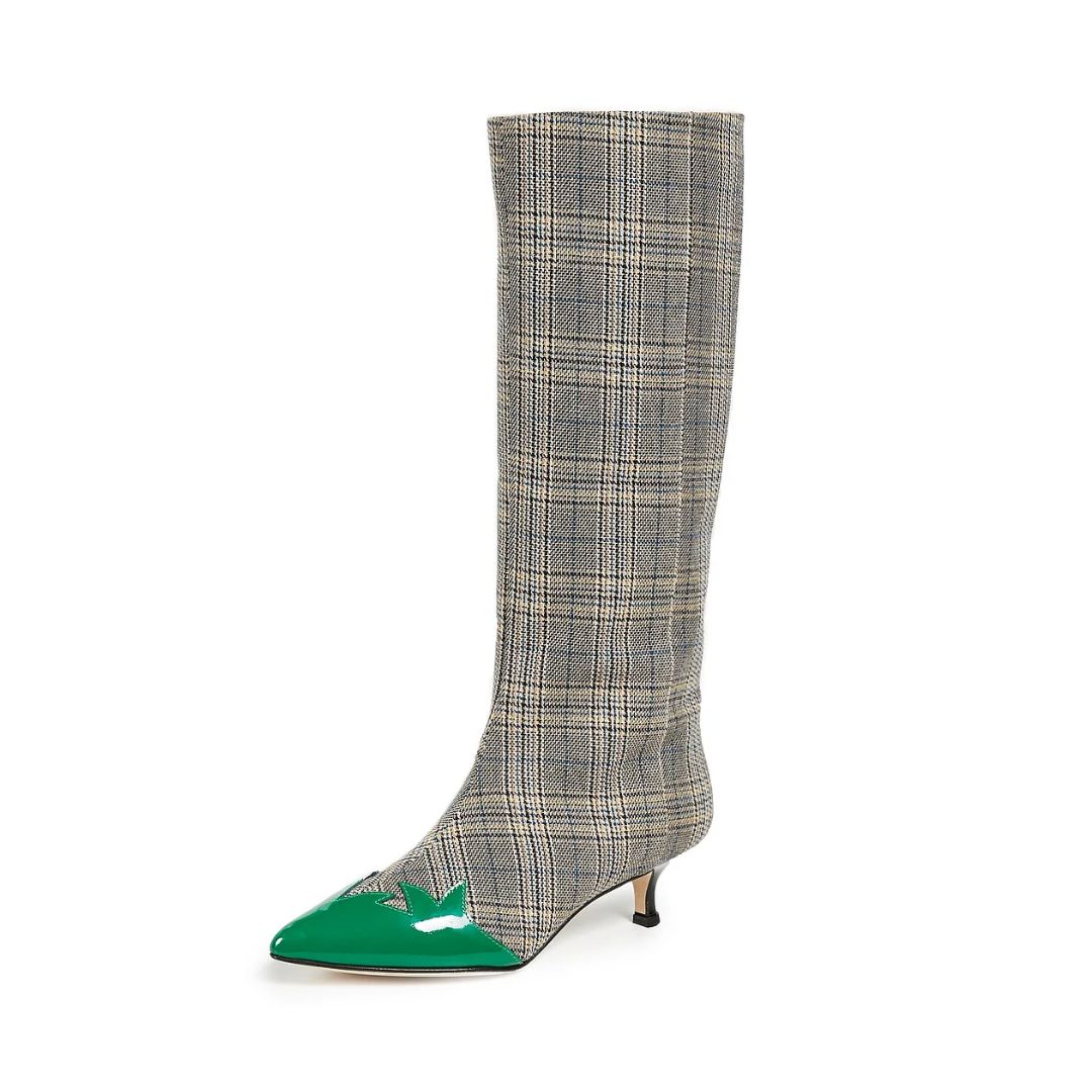 Grey Plaid Fabric Kitten Heel Green Pointy Toe Mid Calf Boots