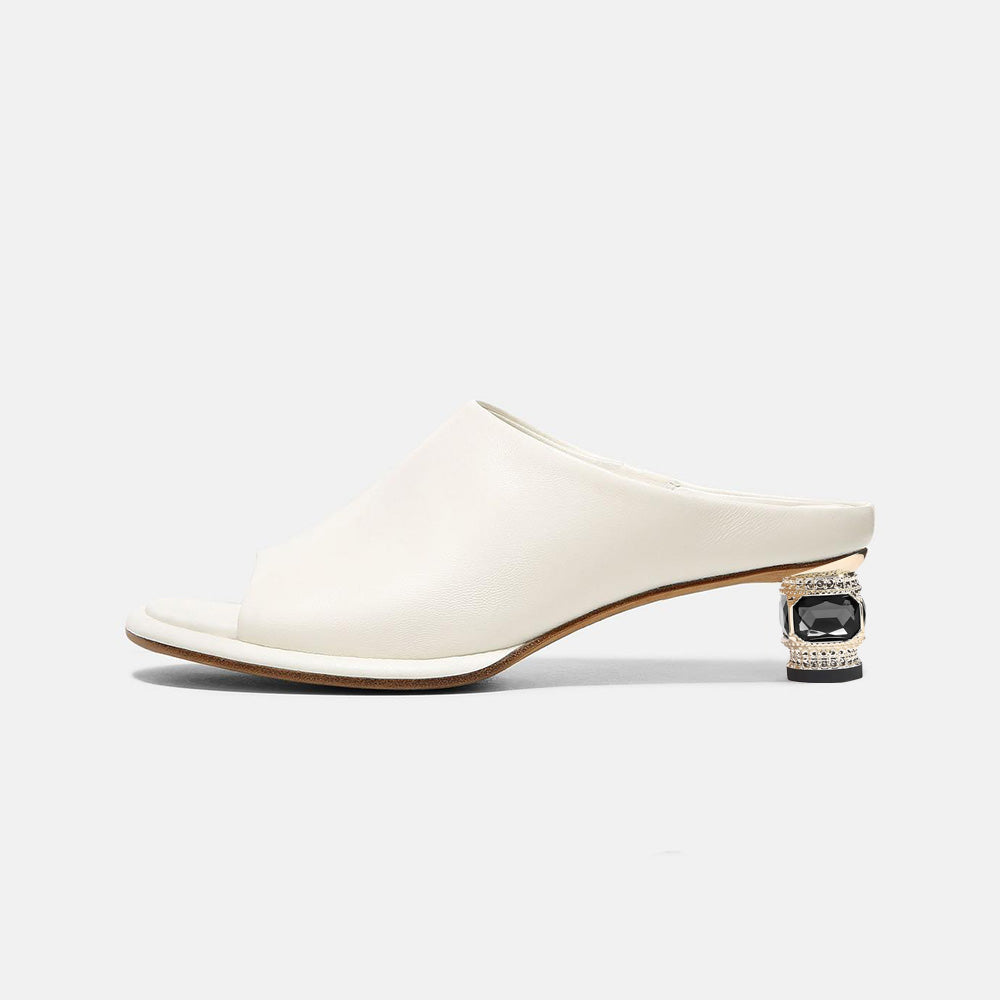 White Vegan Leather Peep Toe Decorative Heel Mules