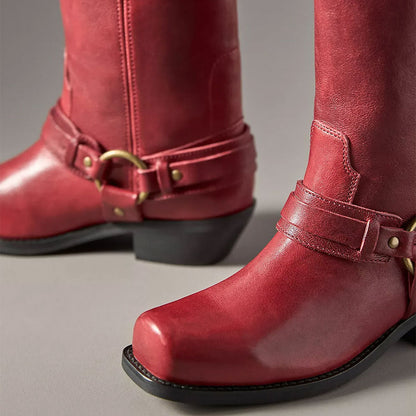 Red Square Toe Hardware Ring Strap Motorcycle Mid Calf Boots