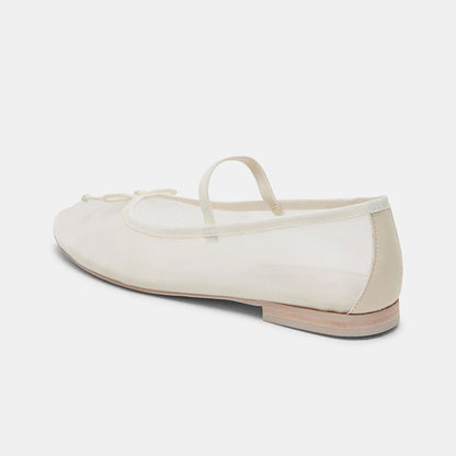 Ivory Mesh Bow Tie Slip-On Round Toe Ballet Flats with Straps