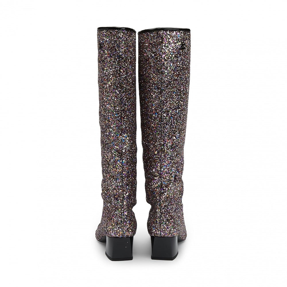 Black Glitter Square Toe Chunky Heel Knee High Boots