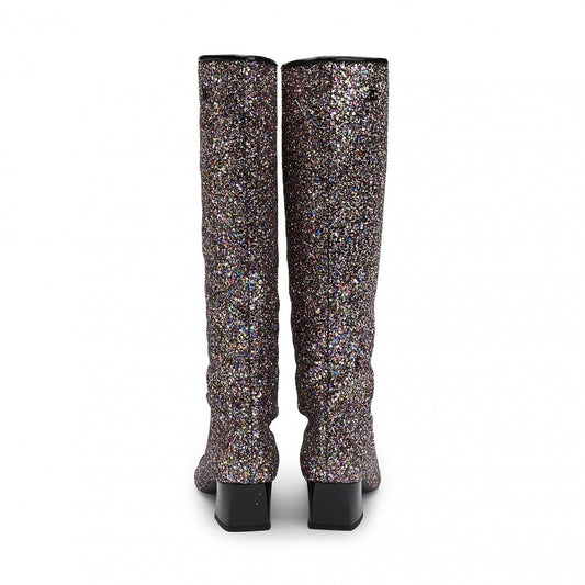 Black Glitter Square Toe Chunky Heel Knee High Boots