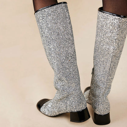 Silver & Black Glitter Round Toe Block Heel Knee High Boots