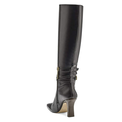Black Square Toe 3'' Block Heel Knee High Boots with Buckles