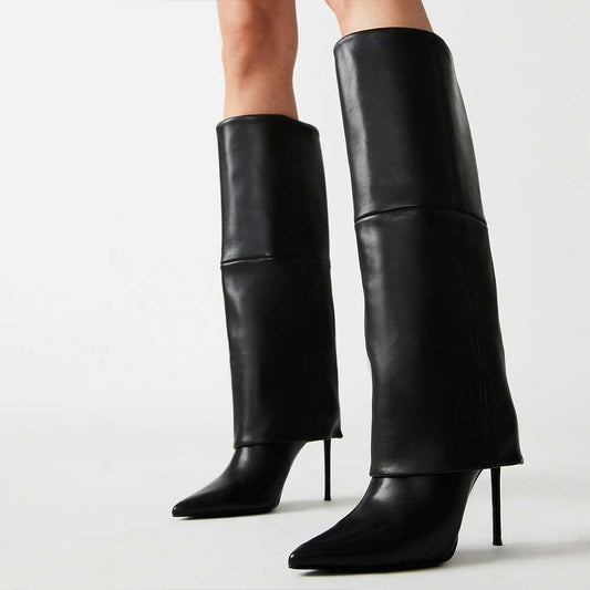 Vegan Leather Pointed Stiletto Heel Fold-Over Knee High Boots in Black