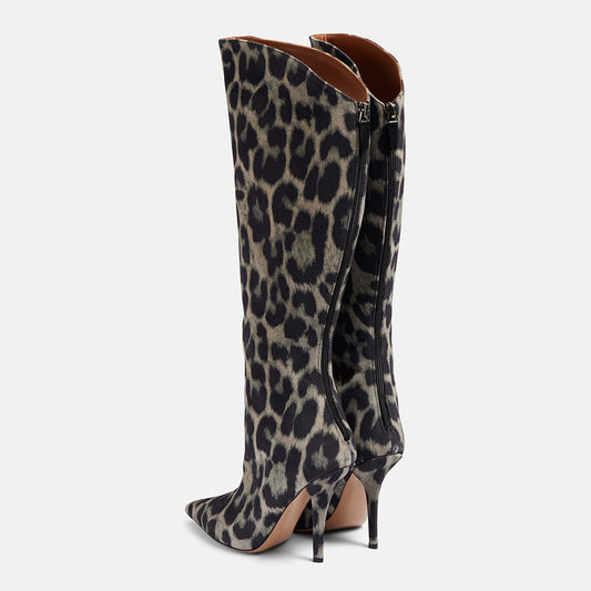Black & Gray Leopard Print Pointy Toe Stiletto Heel Knee High Boots