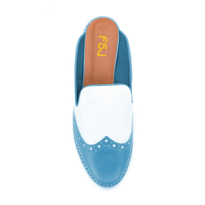 FSJ Cobalt Blue and White Round Toe Low Heel Mule Loafers