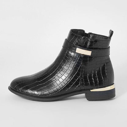 Black Crocodile  Ankle Boots With Zipper Chunky Low Heel
