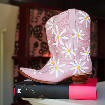 Pink Chunky Heel Flower Cowgirl Western Mid-Calf Boots for Women