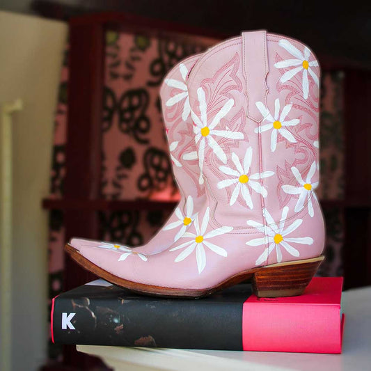 Pink Chunky Heel Flower Cowgirl Western Mid-Calf Boots for Women