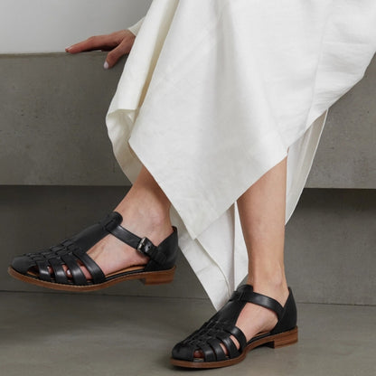 Black Woven Round-Toe Cut Out Women's Sandals with Buckled Ankle Strap