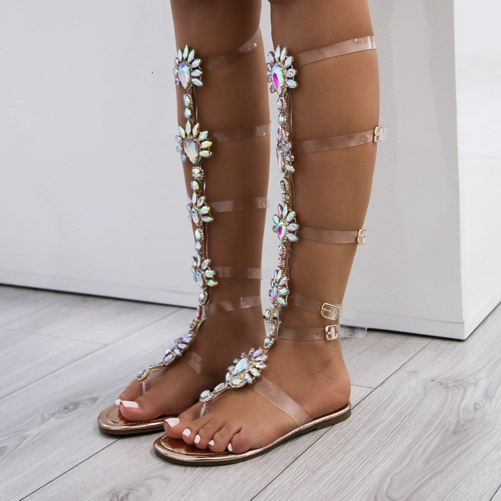 Multicolor Rhinestone Transparent Strappy Flats Gladiator Sandals