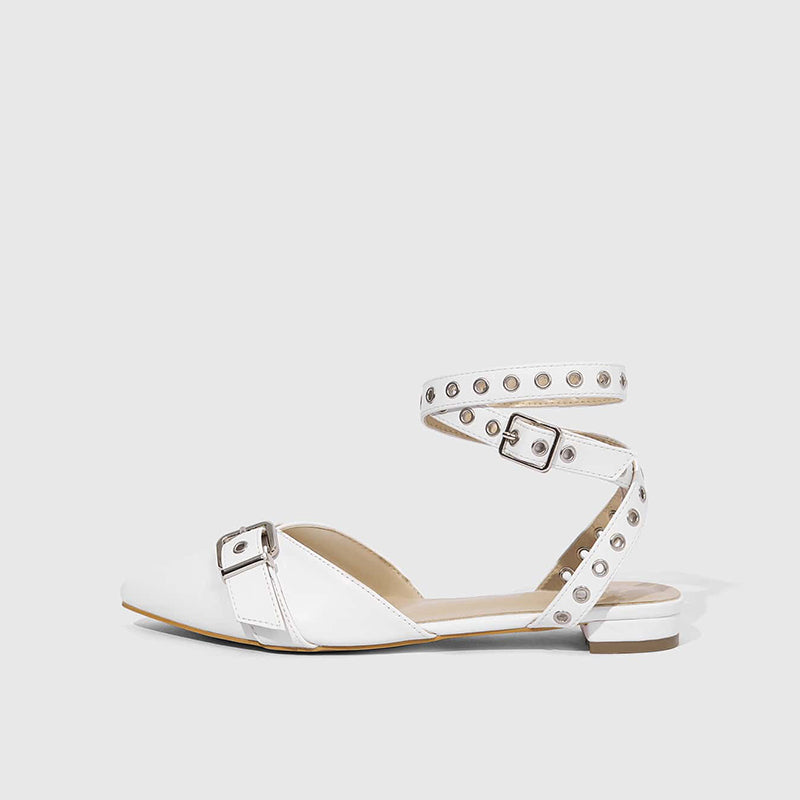 White Pointed Toe Flats Grommets Buckled Ankle Strap Low Heel Shoes