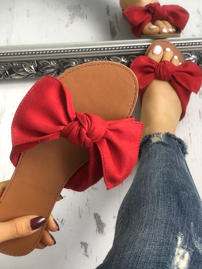 Red Summer Women's Slide Sandals Open Toe Flats with Bow