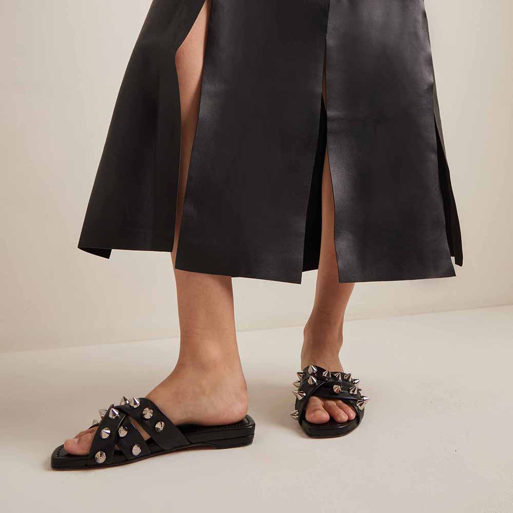 Black Open Toe Strappy Flats Rivet Embellishment Slides for Women