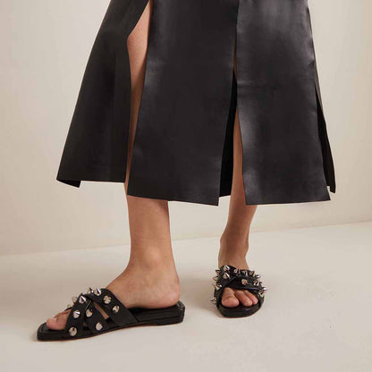 Black Open Toe Strappy Flats Rivet Embellishment Slides for Women