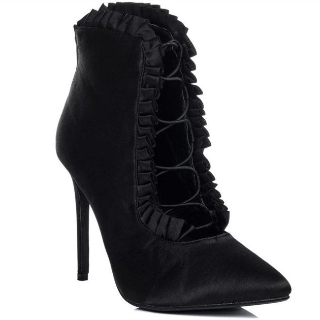 Black Satin Pointy Toe Stiletto Heels Ankle Boots Dress Shoes