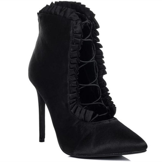Black Satin Pointy Toe Stiletto Heels Ankle Boots Dress Shoes