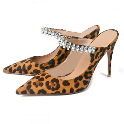 Women's Leopard Print Pointed Toe Rhinestone Strap High Heel Mules