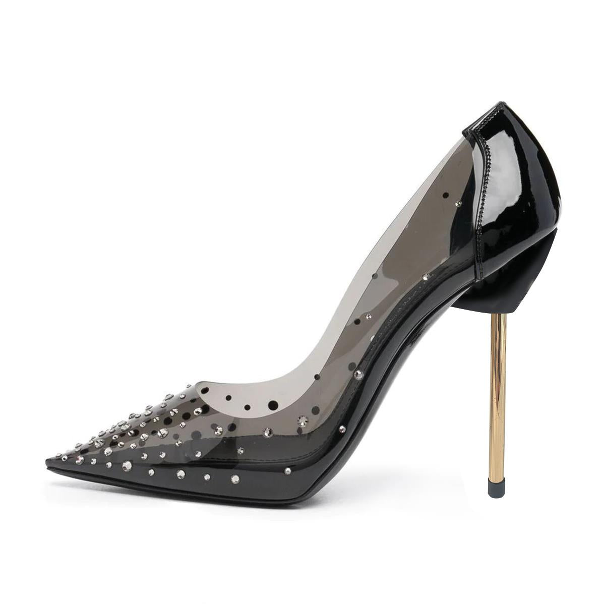 Women's Trendy PVC Splicing Pointed Toe Rhinestone Pumps Heels