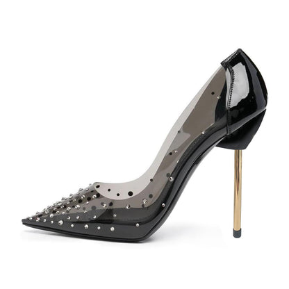 Women's Trendy PVC Splicing Pointed Toe Rhinestone Pumps Heels