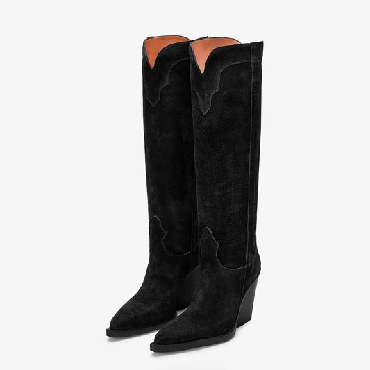 Black Pointed Toe Wide-Calf Knee High Boots with Chunky Heel