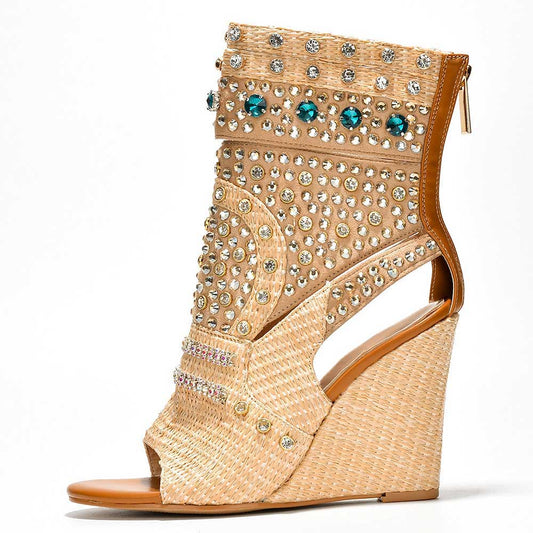 Nude & Beige Woven Wedge Heel Rhinestone Embellished Open Toe Boots
