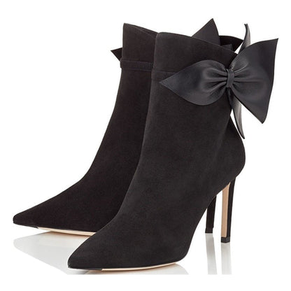 Black Faux Suede Closed Toe 3'' Stiletto Heel Ankle Boots with Bow