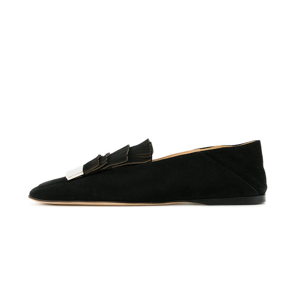 Black Vegan Suede Square Toe Flats Fringe Loafers for Women