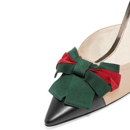Women's Black and Nude Bow Stiletto Heel Mules Shoes