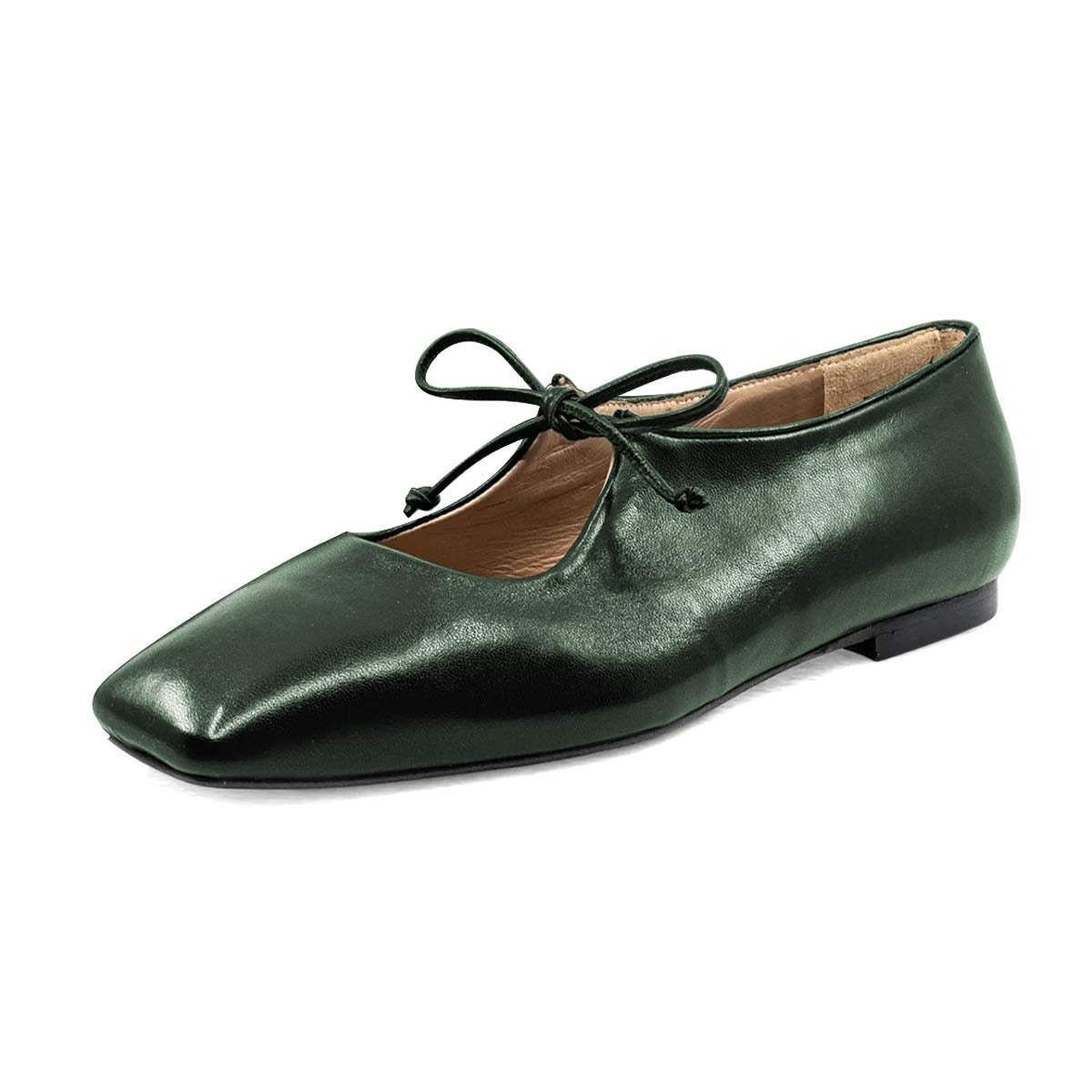 Vegan Leather Square Toe Lace Up Metallic Green Mary Jane Flats