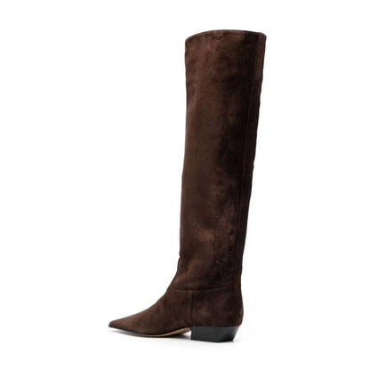 Brown Pull-On Low Heel Knee High Boots for Women with Square Toe