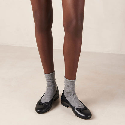 Black Vegan Leather Round Toe Slip-On Ballet Flats with Bow