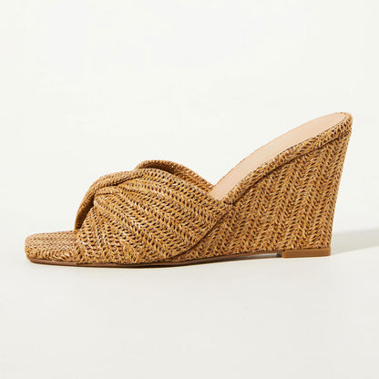 Woven Raffia Square Toe Twist Band Wedge Heel Mules Sandals in Brown