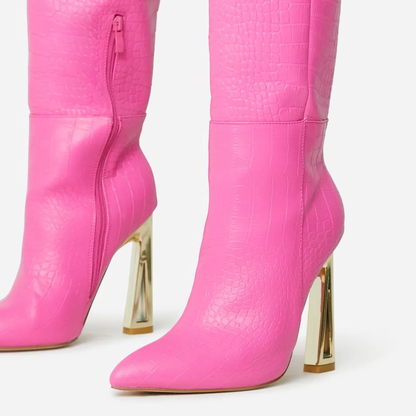 Women's Croco Embossed Decorative Heel Knee High Boots in Pink
