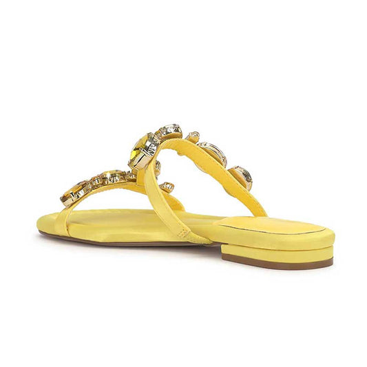 Yellow Vegan Leather Round Toe Flat Rhinestone Strappy Slippers
