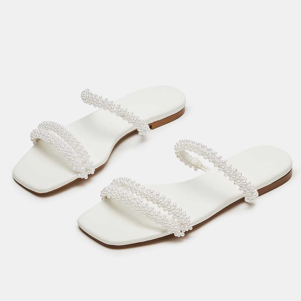 Women's Vegan Leather Square Toe Pearl Inlay Flat White Slippers